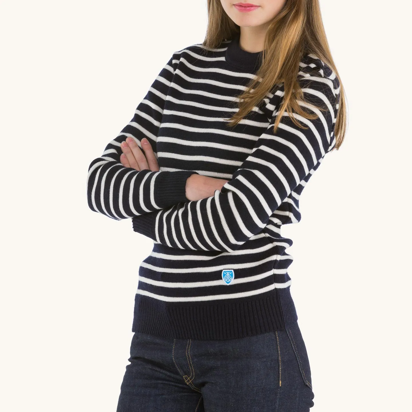 Pullover 100% pure wool Navy/Ecru, unisex Orcival