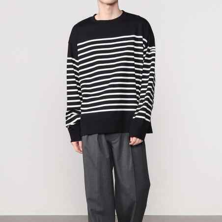 Round collar Striped cotton pullover Black / White Orcival