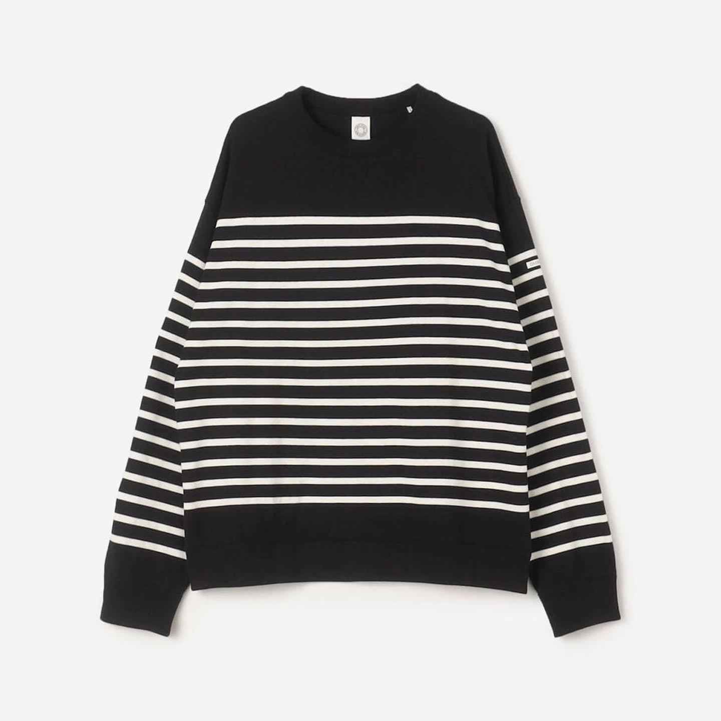 Round collar Striped cotton pullover Black / White Orcival