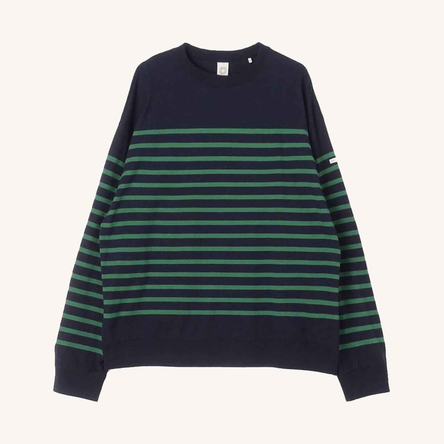 Pull coton rayé col rond Navy / Green Orcival