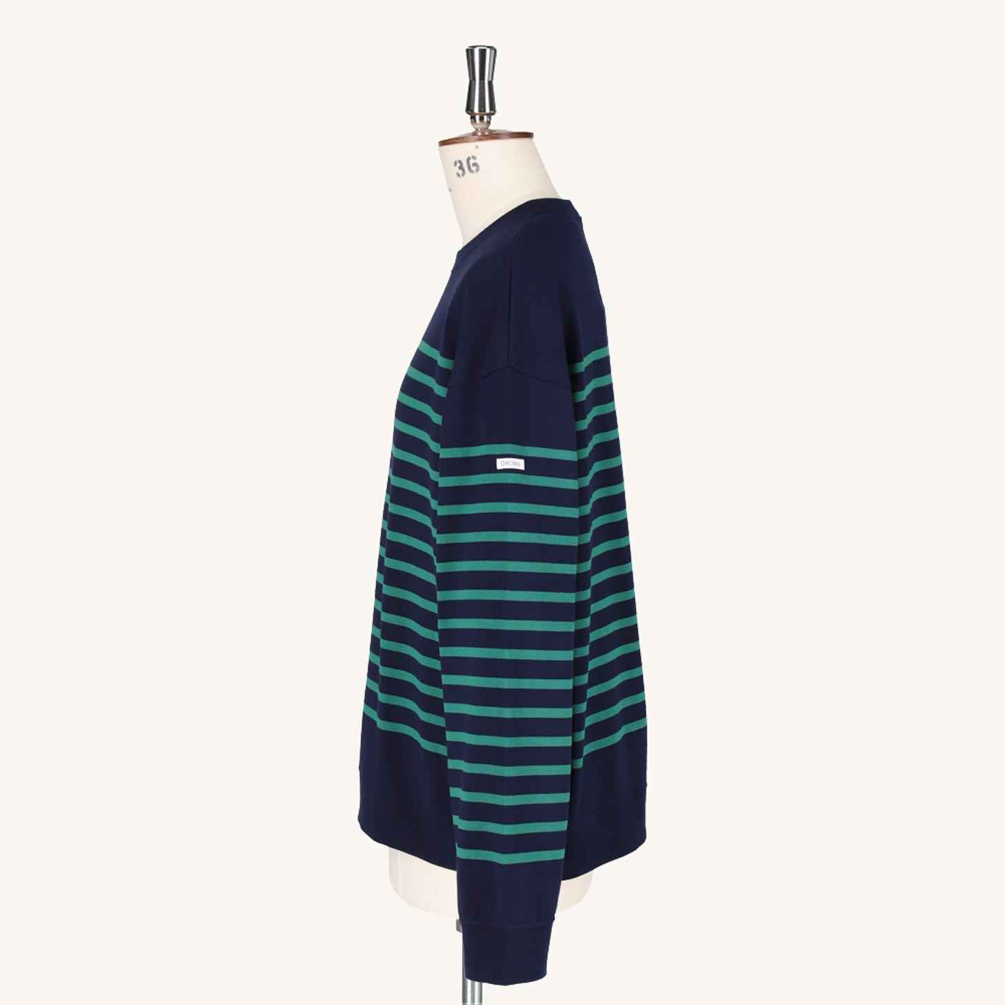 Round collar Striped cotton pullover Navy / Green Orcival