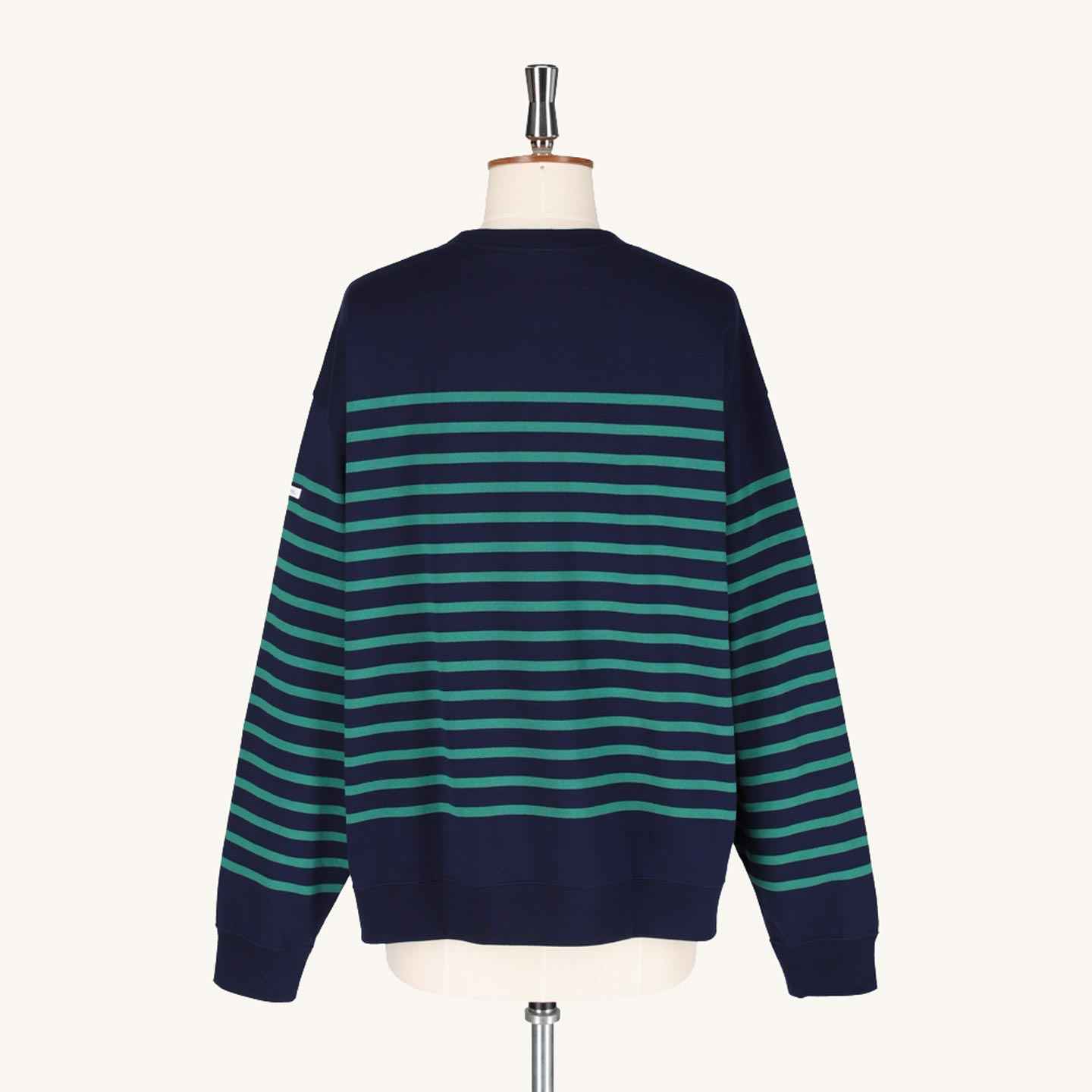 Round collar Striped cotton pullover Navy / Green Orcival