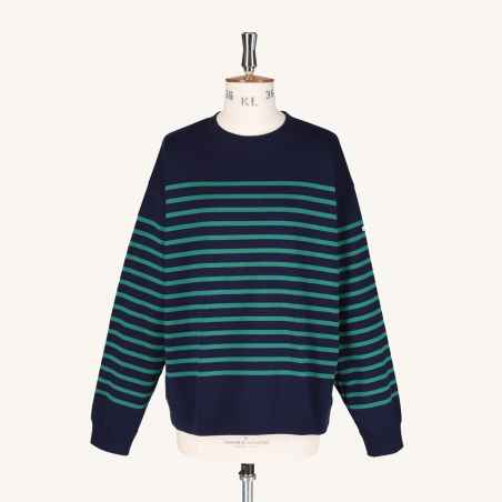 Round collar Striped cotton pullover Navy / Green Orcival
