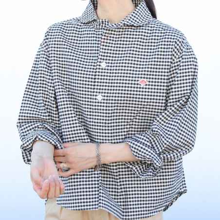 Chemise col rond en Vichy Navy DANTON #JD-3568 TRD