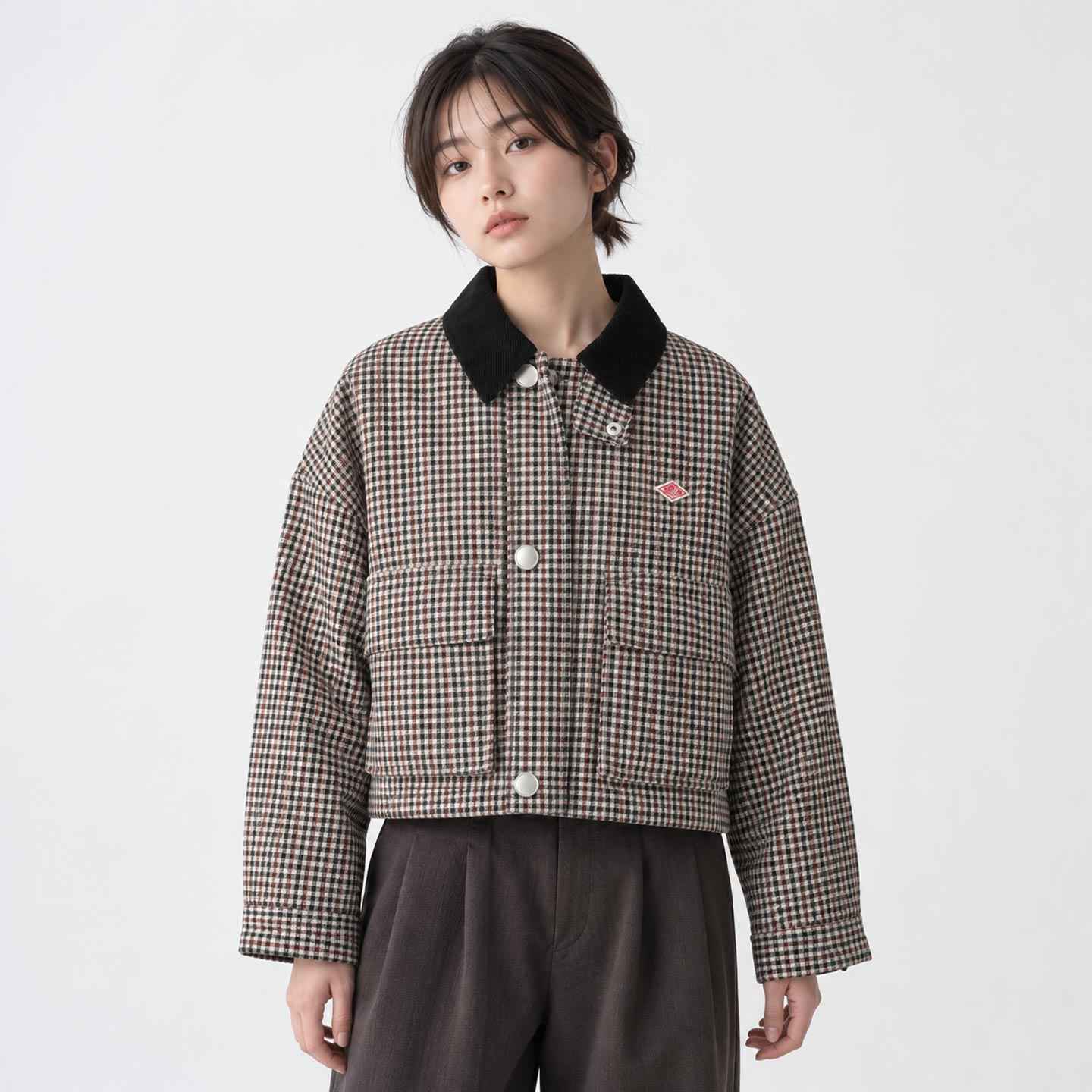 Women's Short Padded Jacket with Corduroy Collar DANTON BEIGE×BROWN HOUNDSTOOTH #DT-A0522 STV