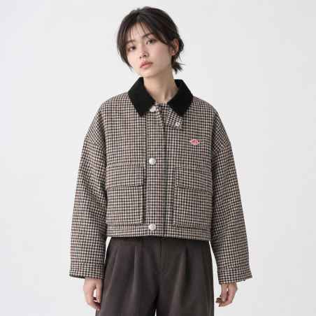 Women's Short Padded Jacket with Corduroy Collar DANTON BEIGE×BROWN HOUNDSTOOTH #DT-A0522 STV