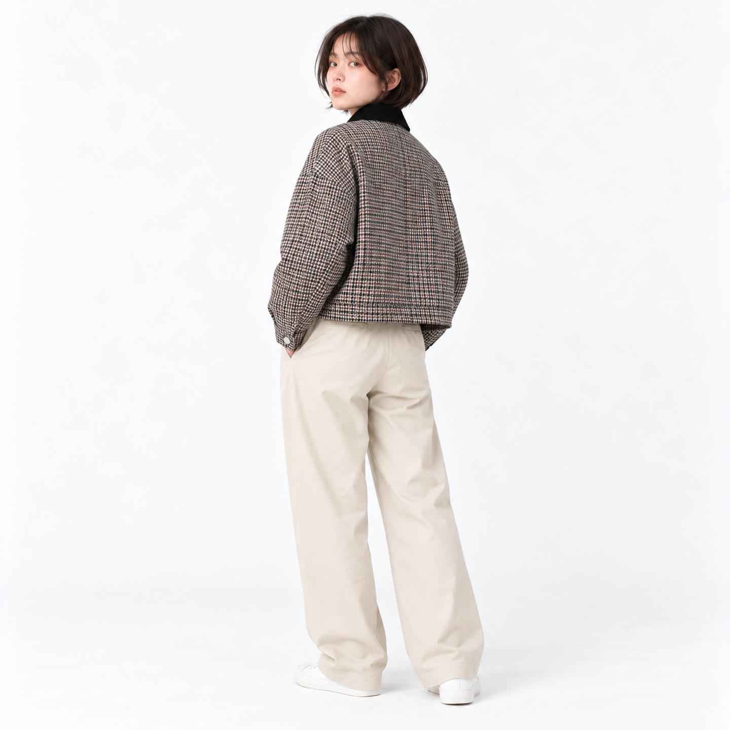 Women's Short Padded Jacket with Corduroy Collar DANTON BEIGE×BROWN HOUNDSTOOTH #DT-A0522 STV